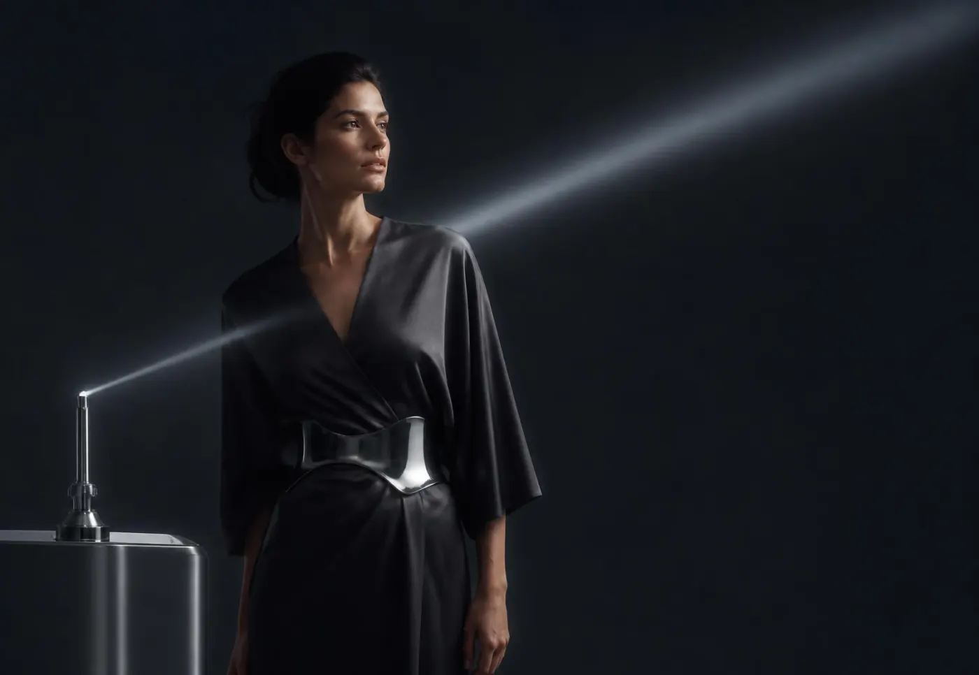 ALIX Woman in Graphite und Chrome mit einem präzisen Lichtstrahl – Anwendungswelt Alexandrit & ND:YAG